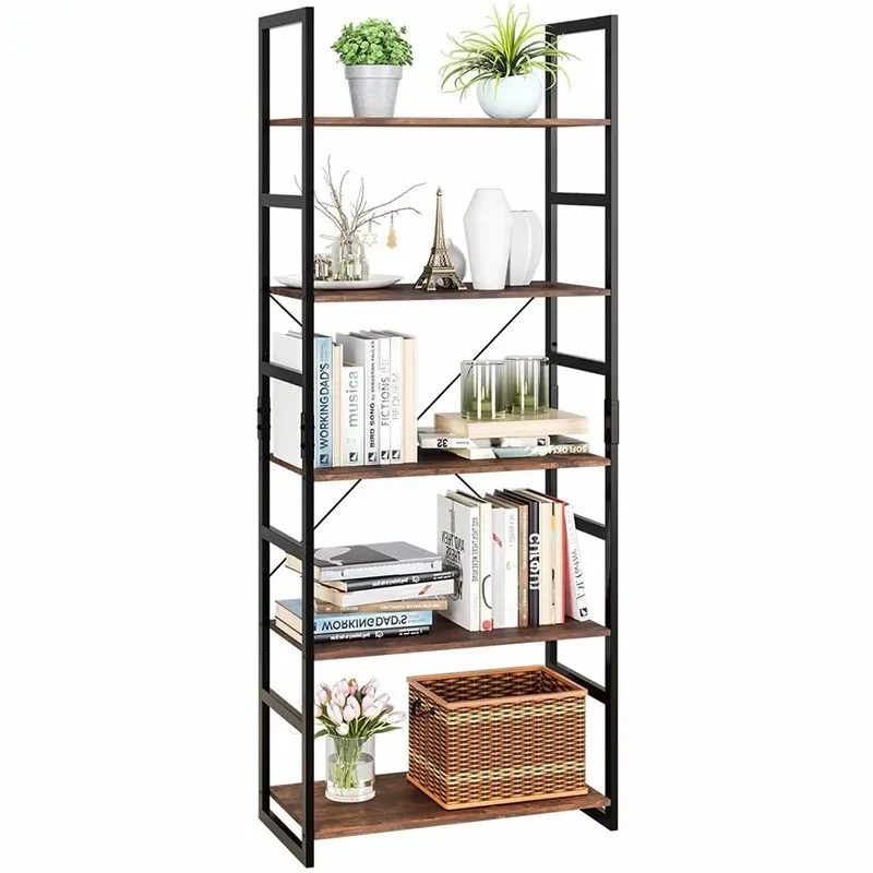 5 Tier Bookshelf Modern Metal and Wood Storage Shelves for Living Room Home Office Furniture Cabinet Display Rack Organizer
