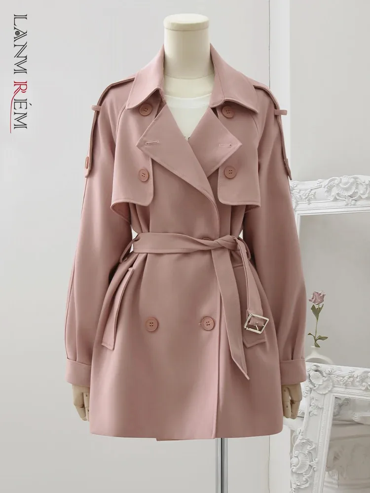 

LANMREM Women Mid Length Trench Coat Solid Color Fashion Belt Gathered Waist Double Breasted Windbreaker Spring New 32C496