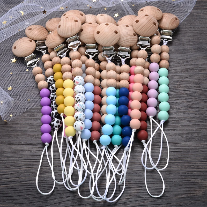 Baby Anti-drop Pacifier Clips Silicone Teether Beads Chain Infant Beech Wood Nipple Chain Soother Dummy Holder Clip BPA Free