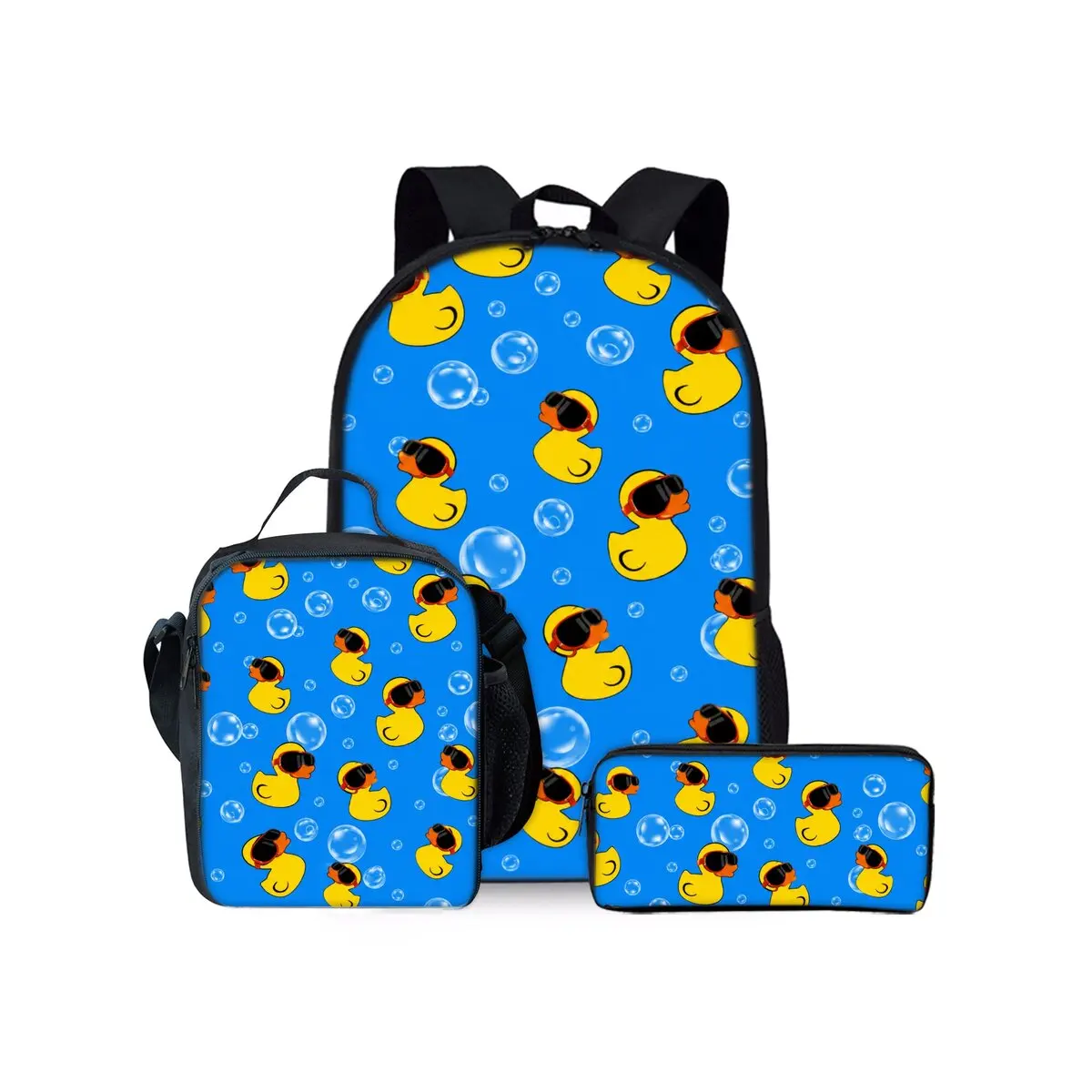 Yellow Duckling Print Three Piece Backpacks Set for Boy and Girls Best Gifts 2D Flat Cartoon School Bag for Children