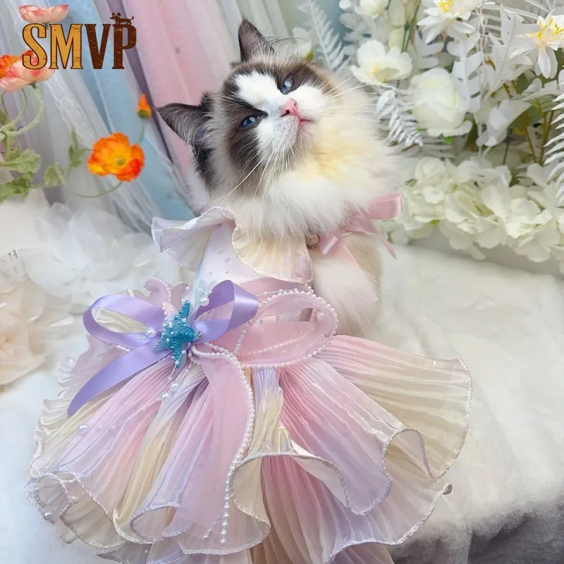 

Sparkling Pink Mermaid Pet Princess Dress Detachable Trailing Dress Pearl Ruffle Tulle Outfit for Small Dongs Cats Paty Clothes