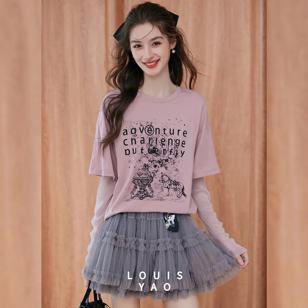 

LOUISYAO Patchwork Printed Long-sleeve Tees 2025 Autumn TopsTwo-piece Micro-stretch Round Neck Women's T-shirt New