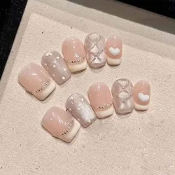 10pcs Women Cute Pink Short Style Press on Nails Handmade Professional Nails Patch 3D Heart Designs Charms Artificial Nails Art