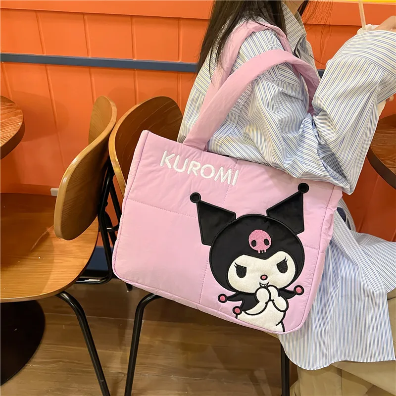 Women Large Tote Bag Soft Padded Down Handbag Kawaii Hello Kitty Melody Kuromi Shoulder Bags Casual Portable Shopper Bag