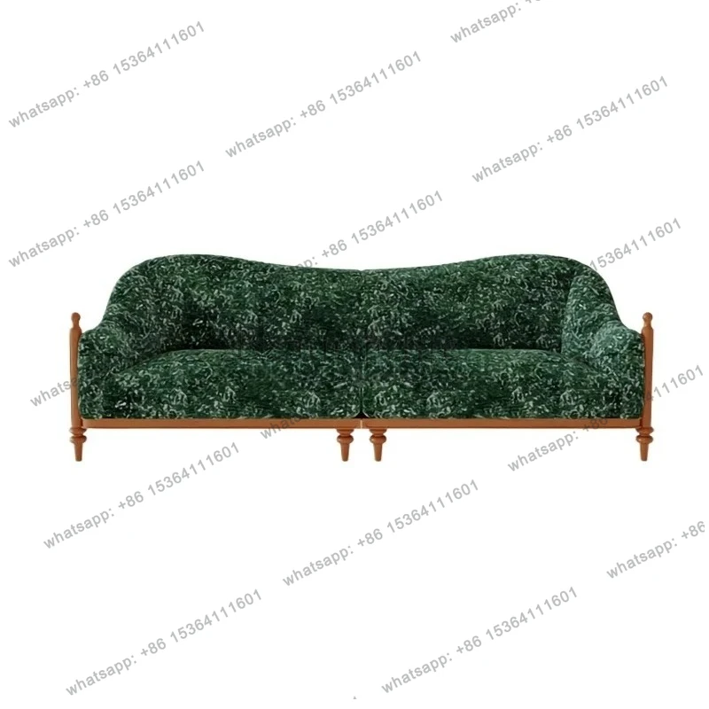 

retro solid wood sofa living room straight row small apartment four people green fabric sofa antique style