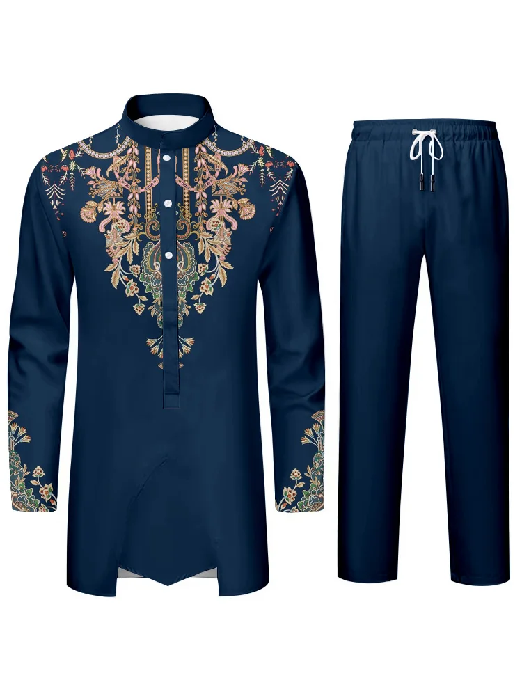 African Ethnic Style Men's Suit Elegant 3D Printing Printed Halter Collar Long Sleeve Shirt and Trousers Traditional Dresses