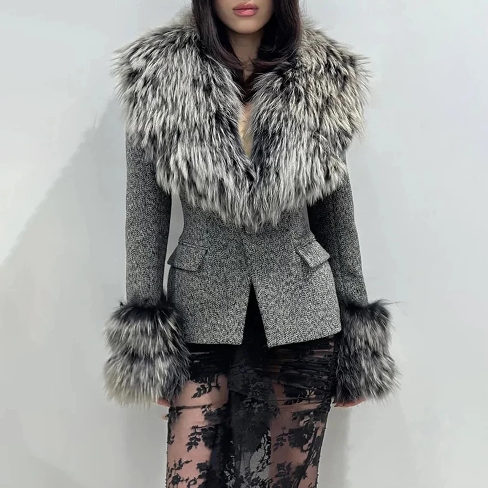 TWOTWINSTYLE Gray Spliced Fur Streetwear Jacket Female Lapel Long Sleeve Loose Light Luxury Women's Jackets Fashion Autumn New