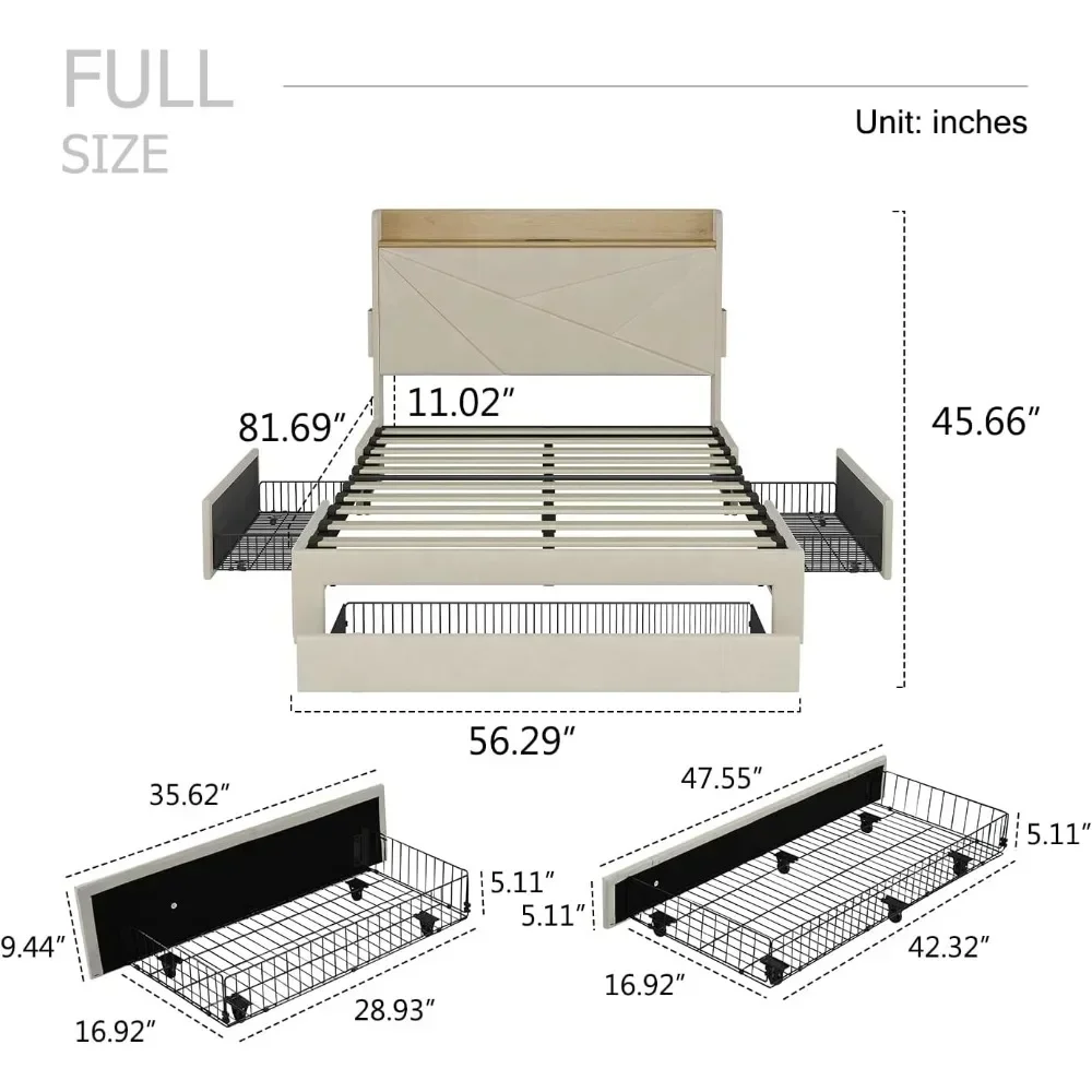 Full Bed Frame with 3 Drawers & Storage Headboard，Charge Station，Support Slats No Box Spring Needed Easy Assembly，Bed Frame