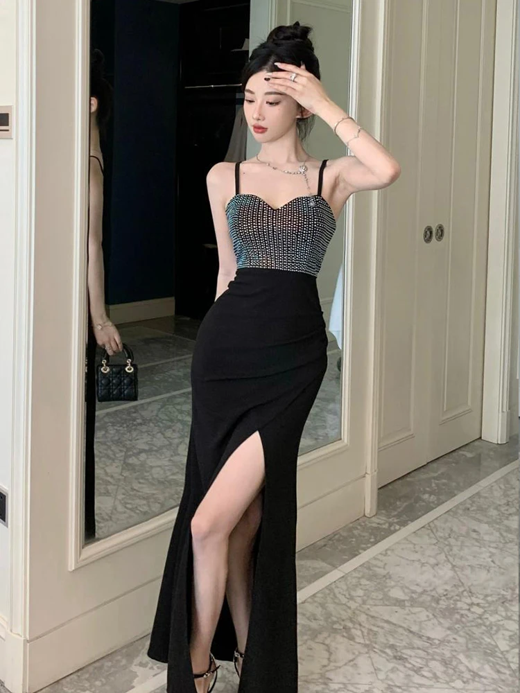 ชุดเดรสราตรีสีดำวิบวับ สายเดี่ยวเปิดหลัง ทรงเข้ารูป ดีไซน์หรูหรา สำหรับงานปาร์ตี้ คลับ งานพรอม แฟชั่นผู้หญิง สไตล์ใหม่