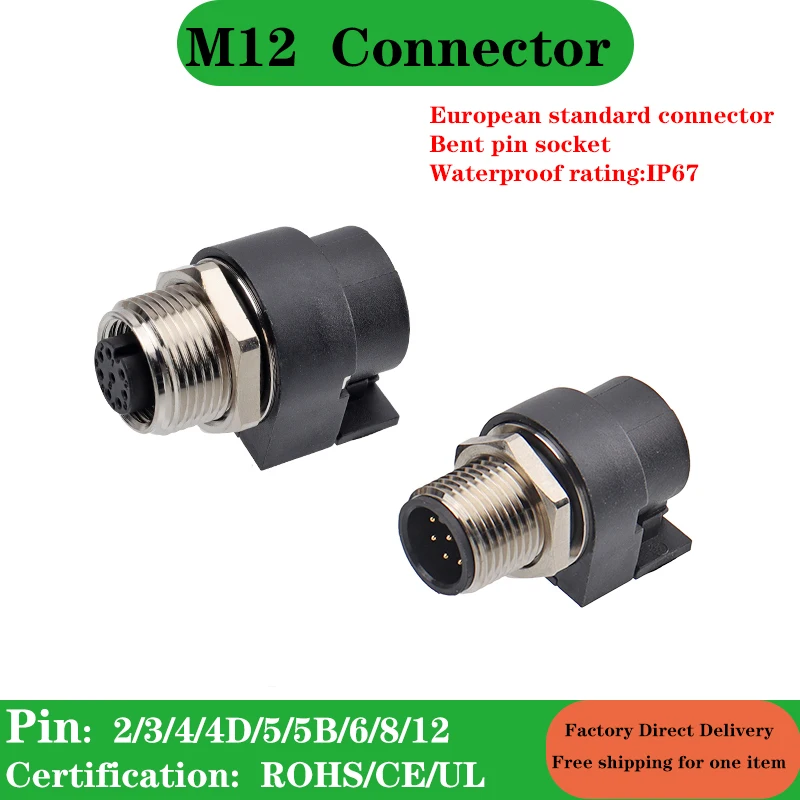 M12 Aviation Plug Waterproof IP67 2 4 5 8 Pin Connector with Shield Industrial 12Pin Male Female 90 Degree Bent Needle Connector