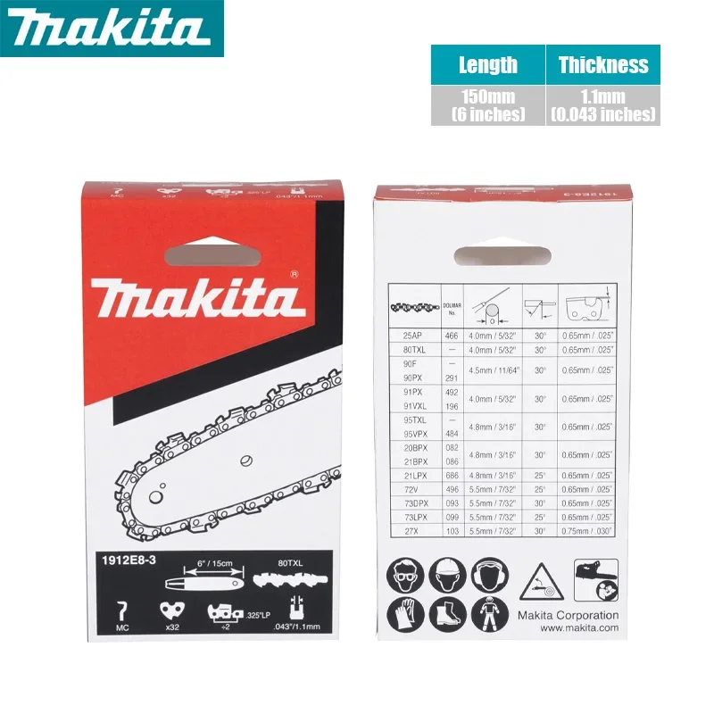MAKITA 1912E8-3 Catena per motosega 150MM / 6" Binario di guida per catena per sega di ricambio 80TXL per DUC150 UCO29G