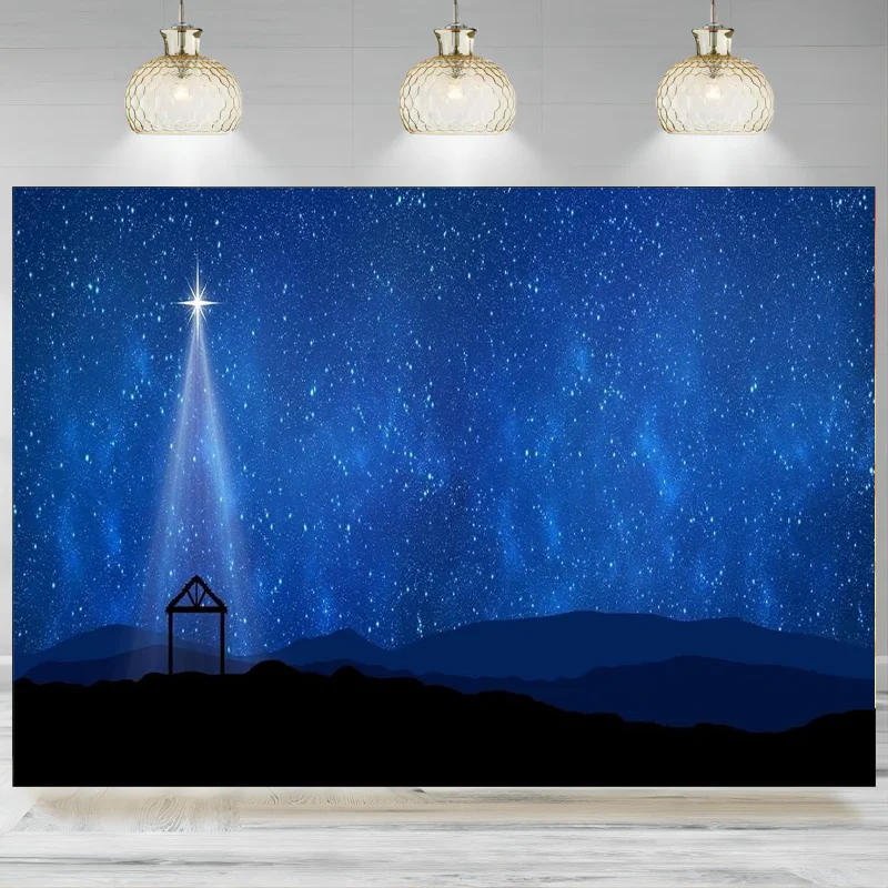 Fabric Nativity Scene Backdrop Blue Starry Sky Bethlehem Stars Nativity Manger Scene Background Christmas Church Religion Nati