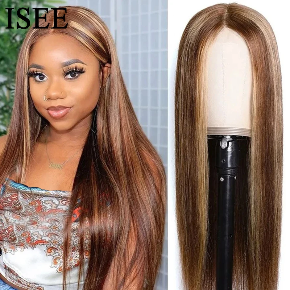 ISEE HAIR Straight Highlight Wig For Women Human Hair Wigs 4X4 Lace Closure Wig 4/27 Ombre Brazilian Straight Lace Closure Wig