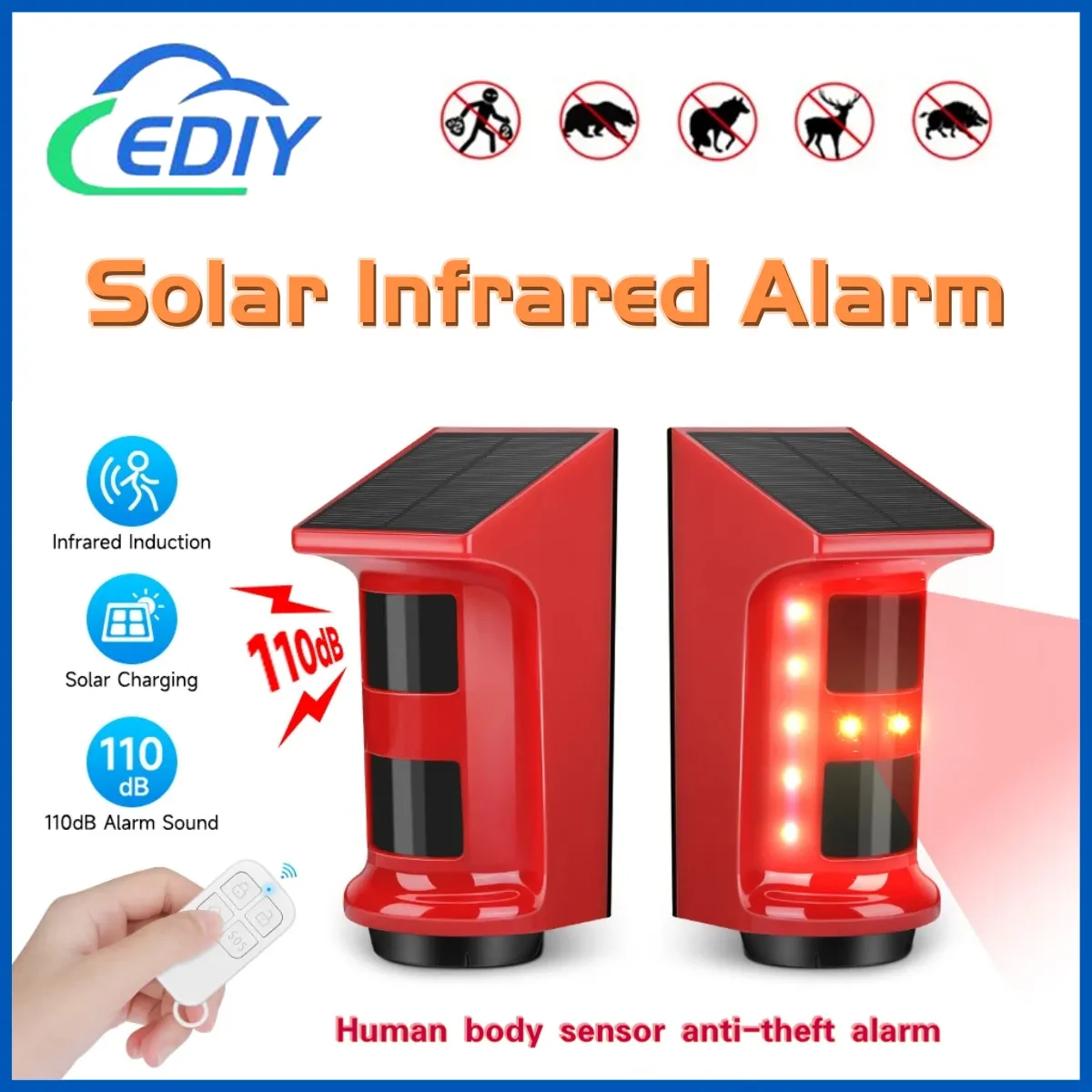 

Solar Infrared Alarm Human Body Sensor Anti-theft Alarm Solar Powered Human Body PIR Motion Detector 110dB Waterproof Outdoor