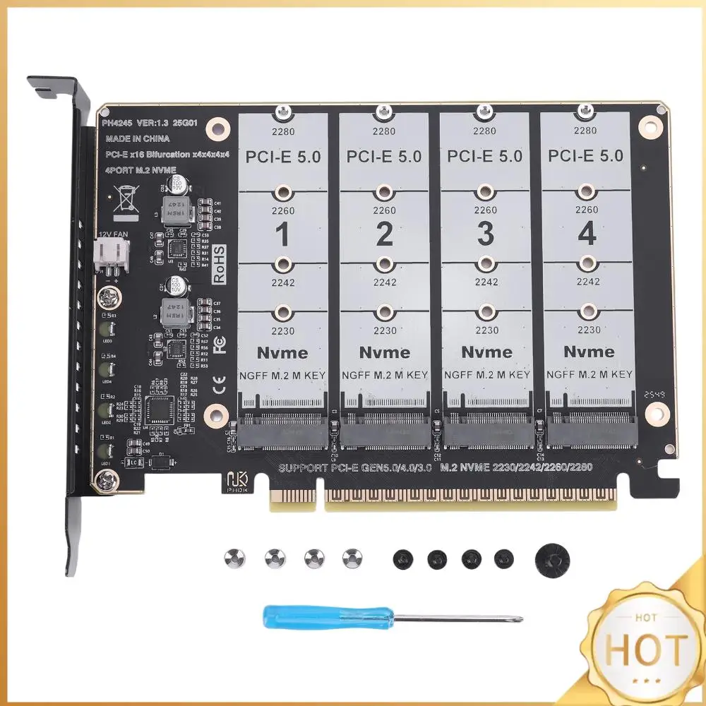 PCIE Express 5.0 Gen5 Gen4 X16 Expansion Card To 4X NVME M.2 NGFF SSD High Speed 4x128Gbps with Individual LED Indicator