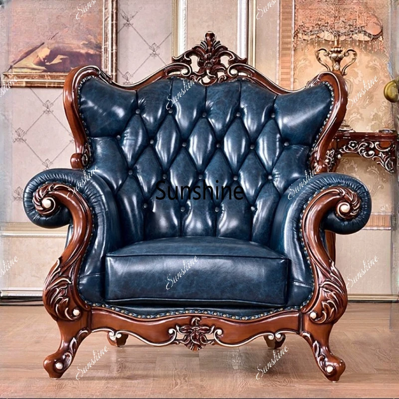 

European living room imported leather sofa super high-end villa solid wood carving flower sofa
