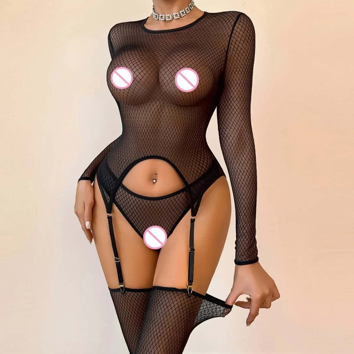 

European and American perspective fishing net slim fit hollow long sleeved thin style sexy shapewear split set with leg socks