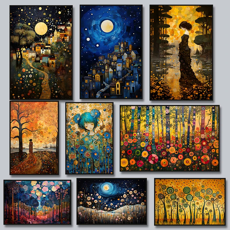 Gustav Klimt Inspired Landscape Canvas Painting Art Print Floral Tree of Life Poster Mural Forest  Modern Wall Home Decor