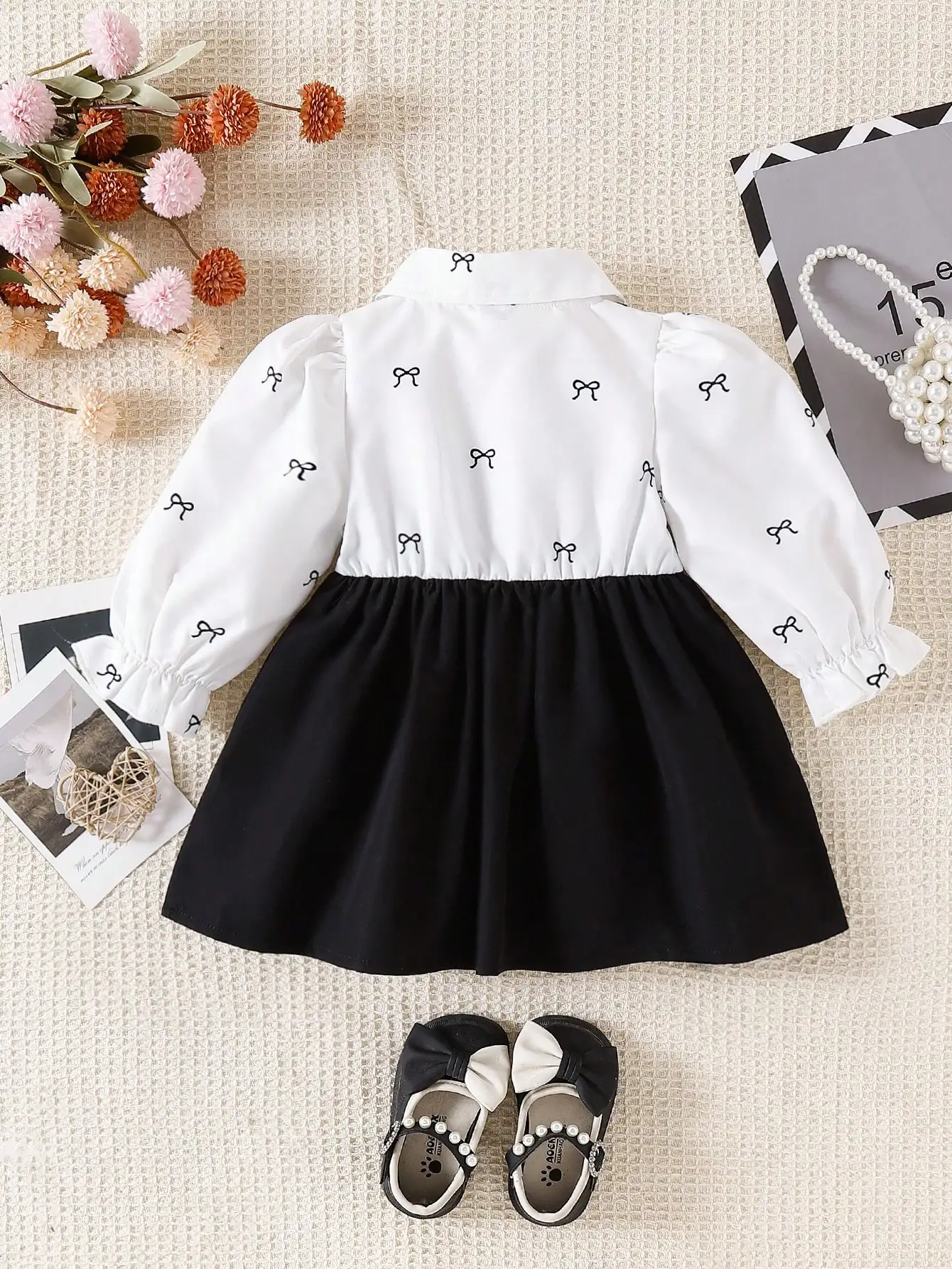 Baby Girl's Elegant Patchwork Dress with Small butterfly Knot Decoration, Long-Sleeved Party Dress for Princess Daily Wear