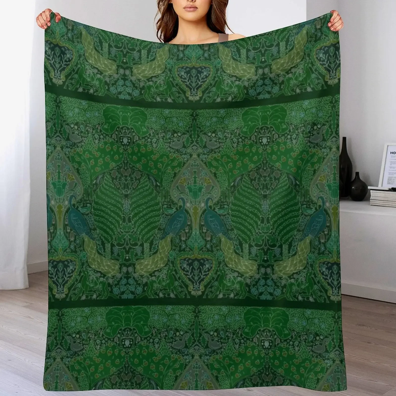 Manta decorativa con diseño de pavo real Art Deco/Art Nouveau en verde arsénico, manta decorativa elegante, regalo para amigos, compañeros de habitación