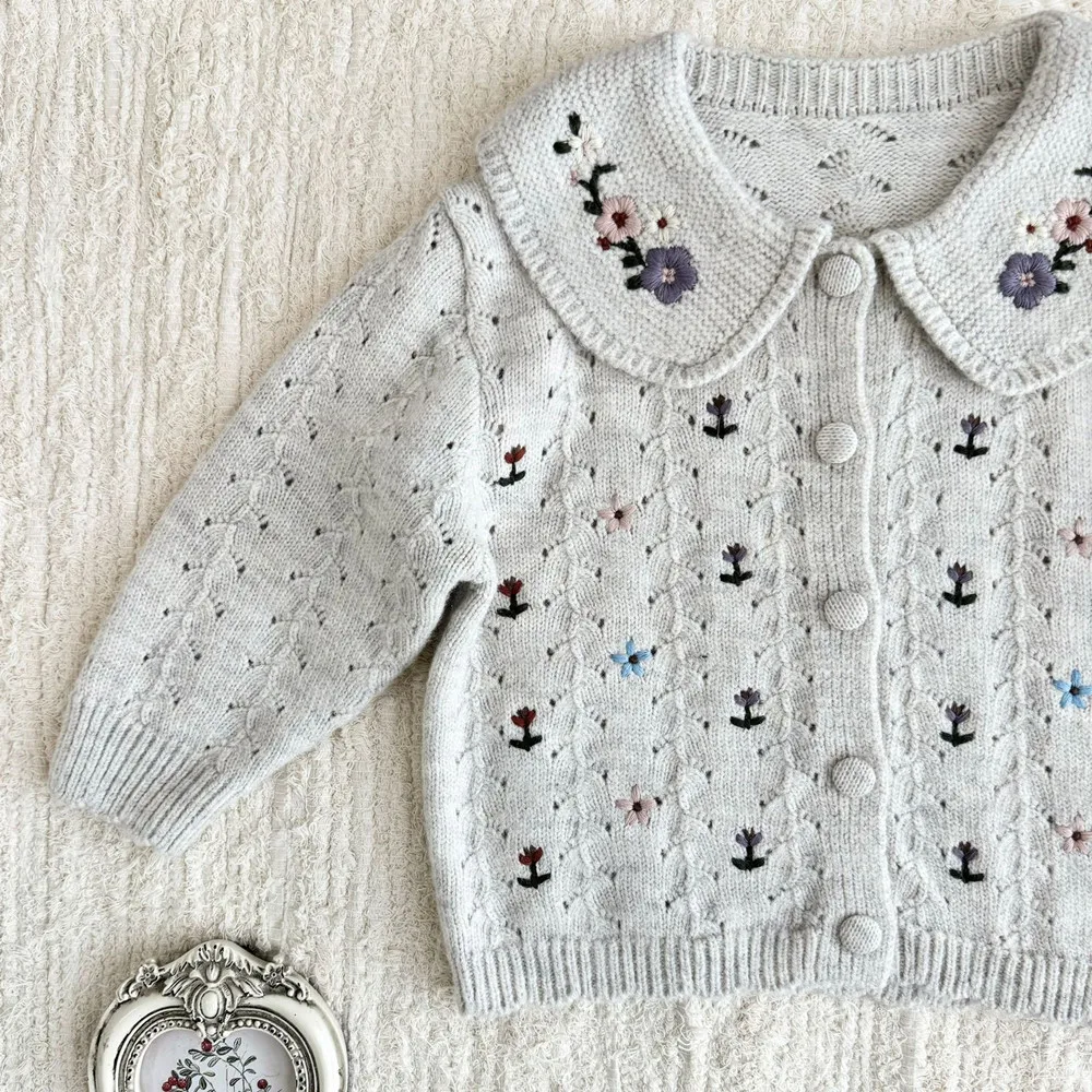 Fall kids clothes baby girls clothes Vintage flower embroidery Light apricot knitted cardigan Girls' autumn coat