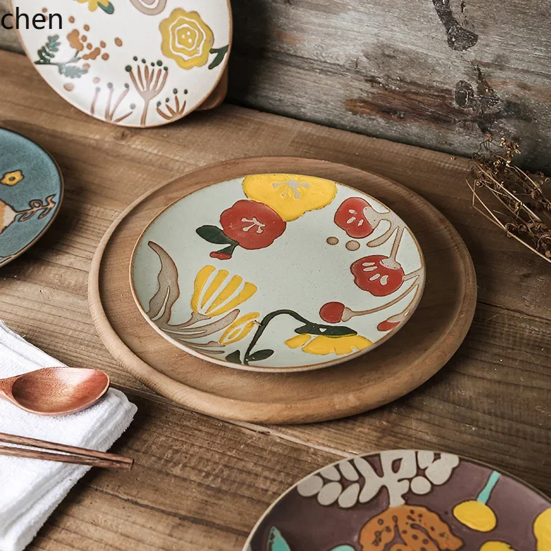 

hand-painted ceramic plate, vintage floral design, rustic ceramic tableware for home use