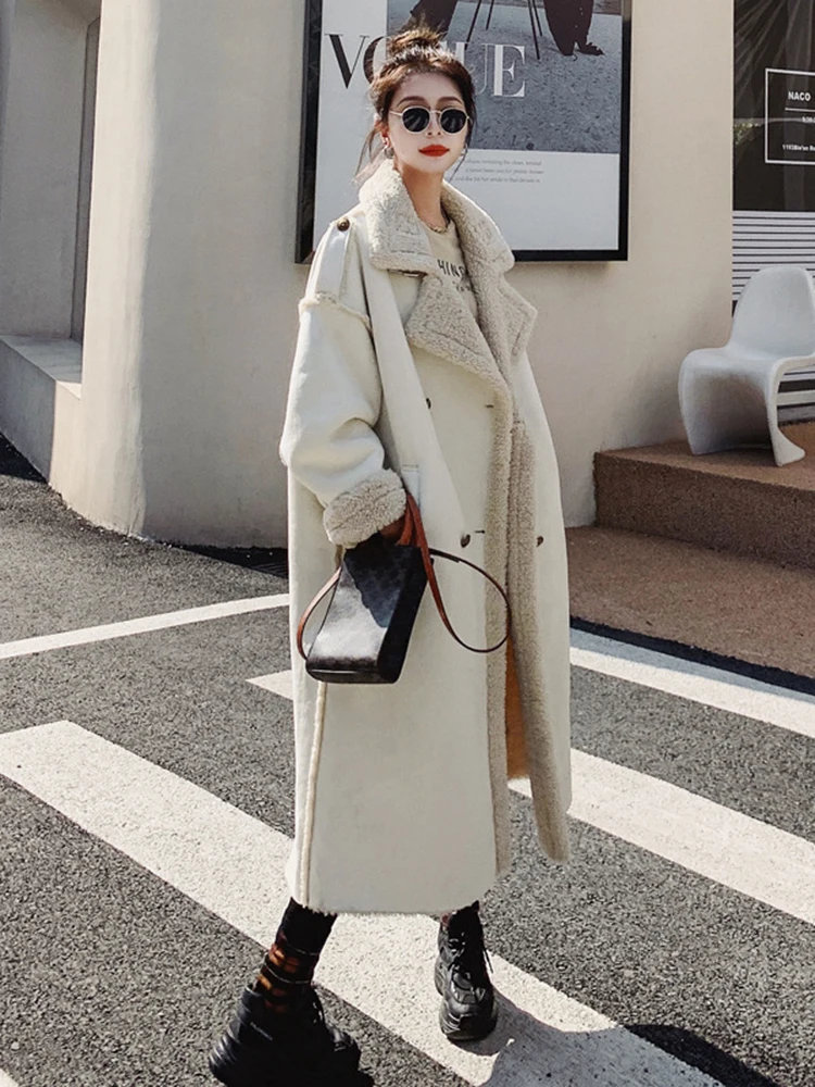 LANMREM Fashion Thicken Wram Lamb Wool Overcoat Women Lapel Long Sleeve Pockets Mid Length Coat 2024 New Spring Autumn 2Q1411