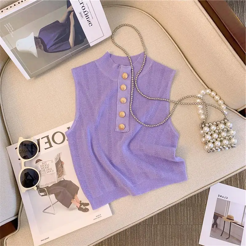 

Slimming Metal Buckle Knitted Vest Women's Summer New Style Half High Collar Sleeveless Small Top Commute Style Fashion Sun P...