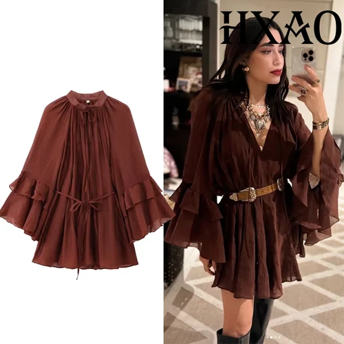 HXAO mujer 2025 vestido con volantes de manga larga Mini vestido de verano con lazo vestidos cortos de hadas para mujeres vestidos de fiesta elegantes plisados 088