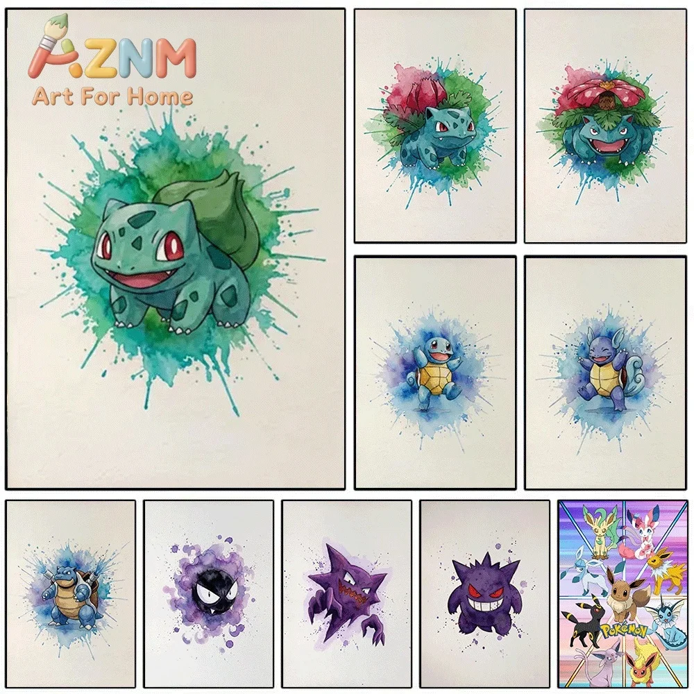 2D Flat Posters & Prints,Bulbasaur Watercolor Splatter Canvas Wall Art,2D Flat Frameless Anime Monster Print,Home Decor for Ki