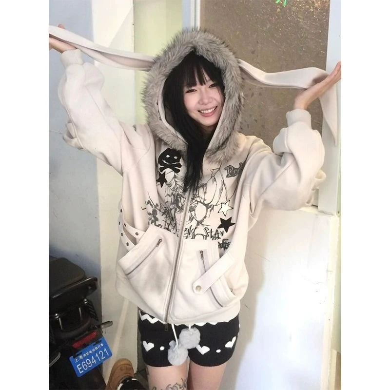 Y2k Vintage Sottocultura Manica lunga Giacca con cappuccio Donna Orecchie di coniglio Felpa Kawaii Americano Retro Colletto finto 2025 Autunno