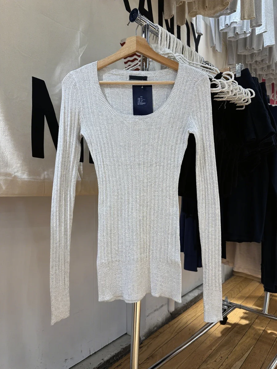Gray Ribbed Knitted Long Sleeve T-shirt Women Autumn New U Collar Slim Long Tee Shirt Preppy Style Sweet Simple Pullover Top Y2k