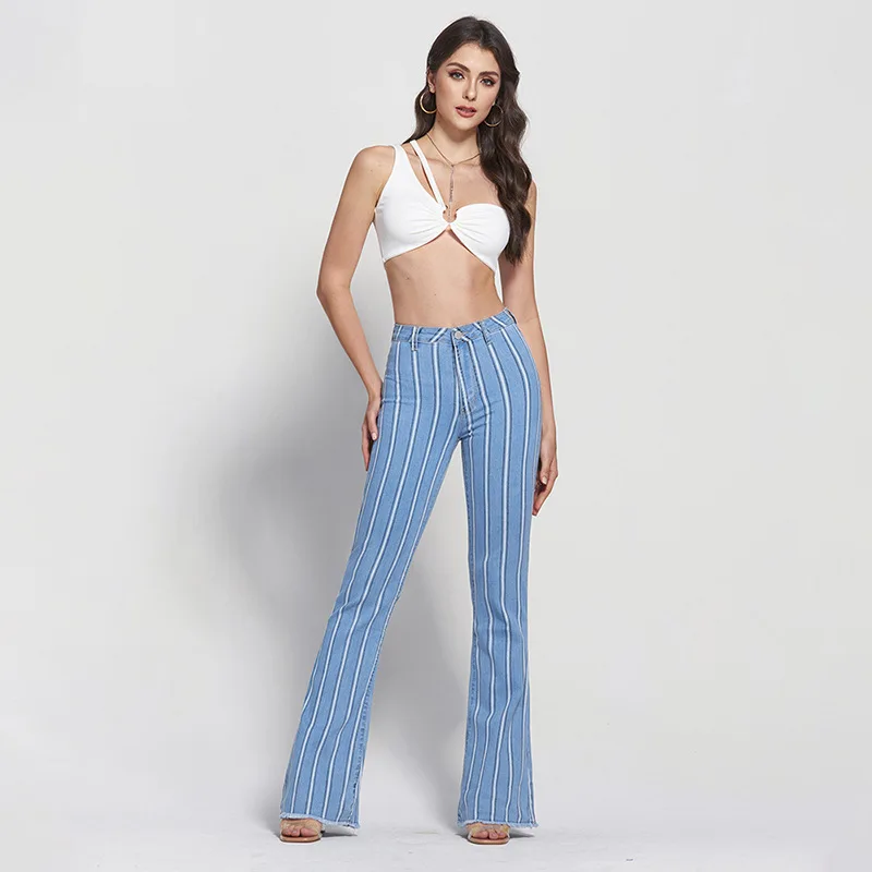 

European and American women's jeans Micro Bell-bottoms High waist tight striped blue jeans women