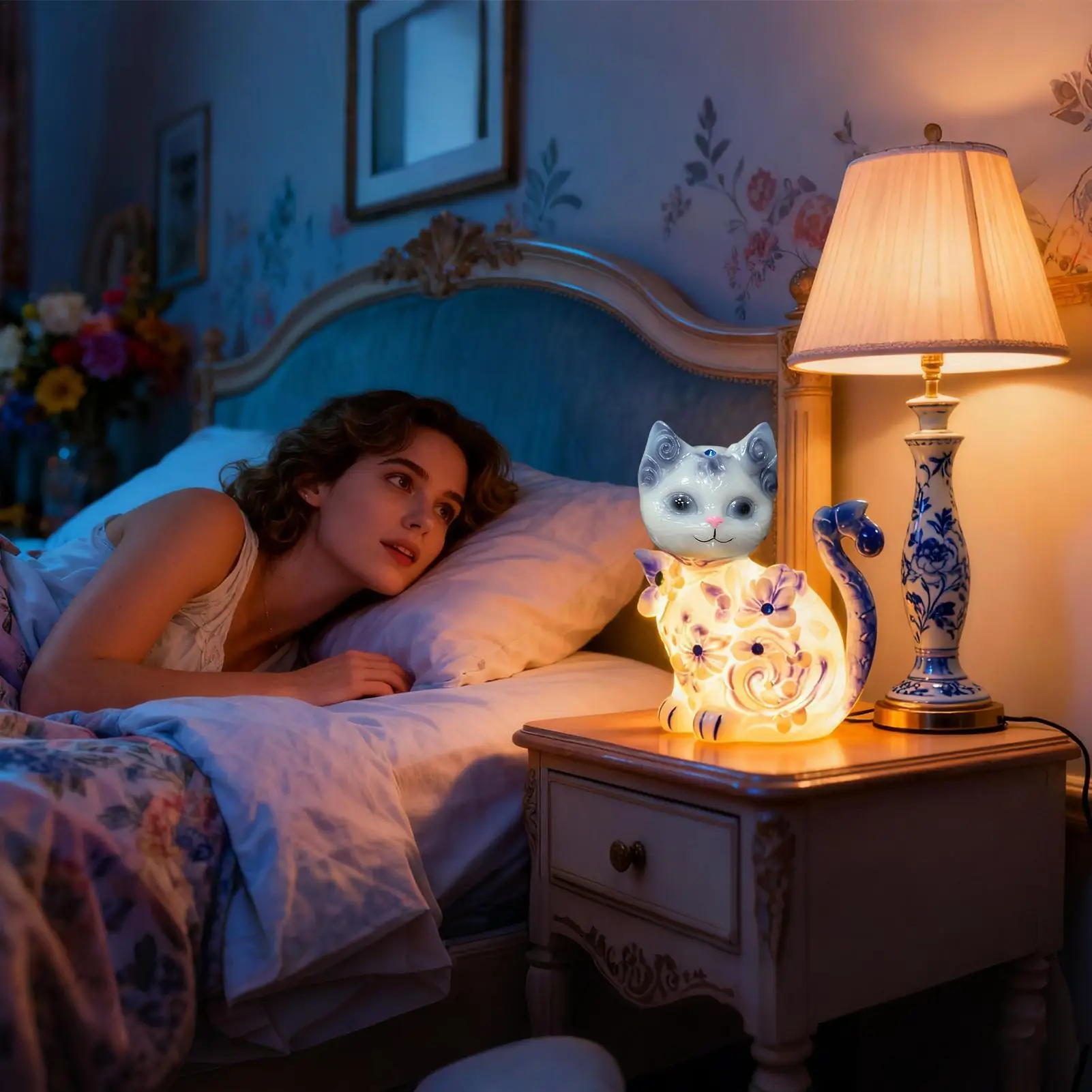 

Desk Lamp Dog Cat Blue White Resin Lighting Cute Resin Cat Table Lamps For Bedroom Living Room Bedsides Dorm Office Hallway