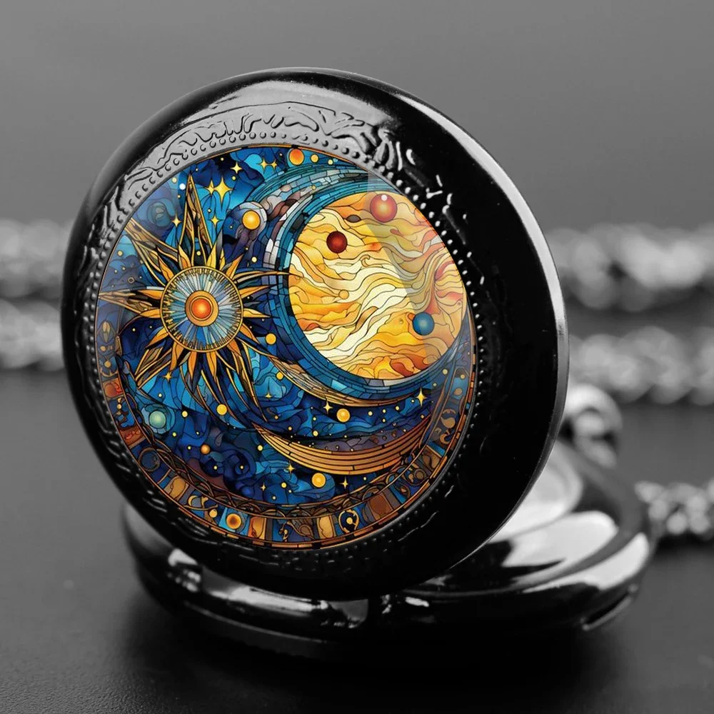 ساعة جيب كوارتز كلاسيكية على شكل قبة زجاجية للشمس والقمر مع سلسلة متينة ومينا أرقام عربية وهدايا غير عادية للأطفال