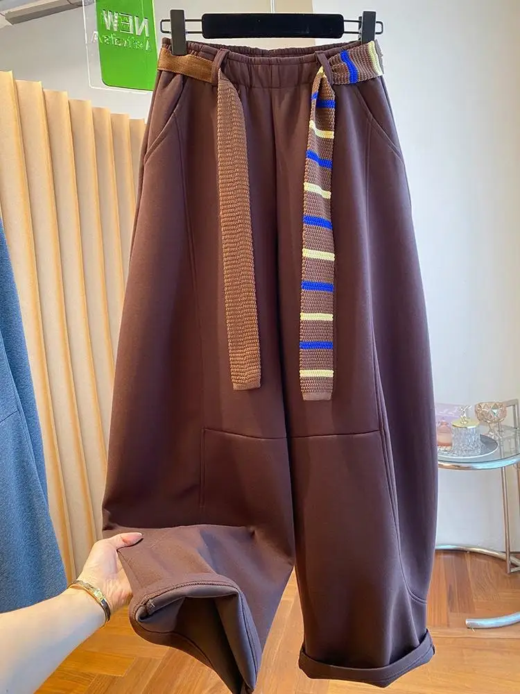 SuperAen Korean Style Fashion Color-matching Belt Wide-leg Pants for Women Autumn 2026 New Loose Casual Long Pants