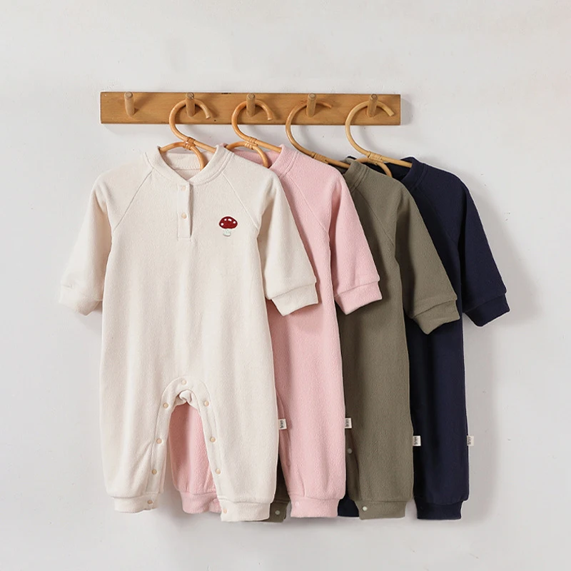 

Комбинезоны для новорожденных девочек, весенне-осенние комбинезоны с вышивкой в виде грибов, утепленные боди для маленьких девочек с круглым вырезом, комбинезоны для маленьких девочек