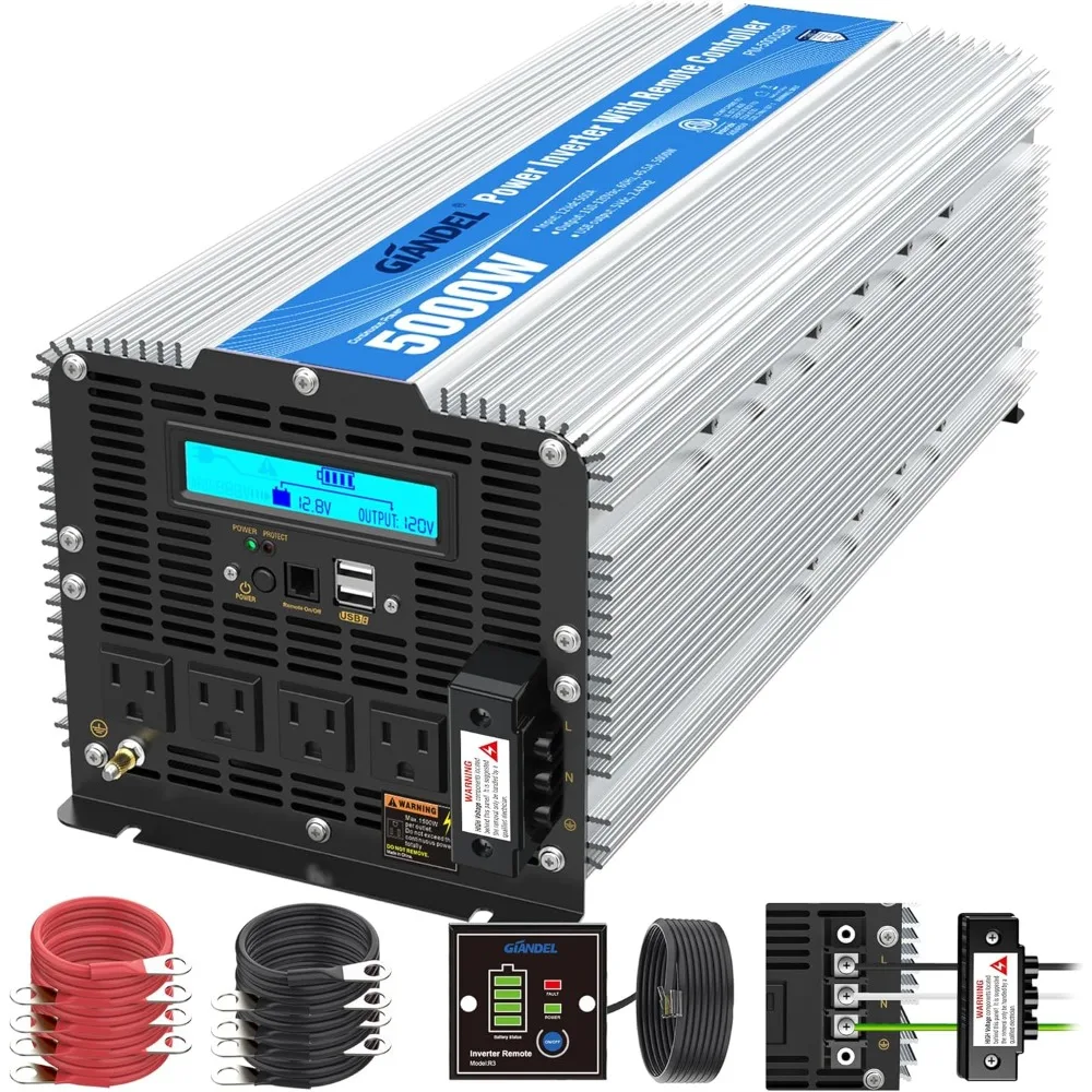 5000 Watt ETL UL458 Certified Power Inverter - Converts 12V DC to 120V AC with 40A Hardwire Connection and 4 AC Outlets