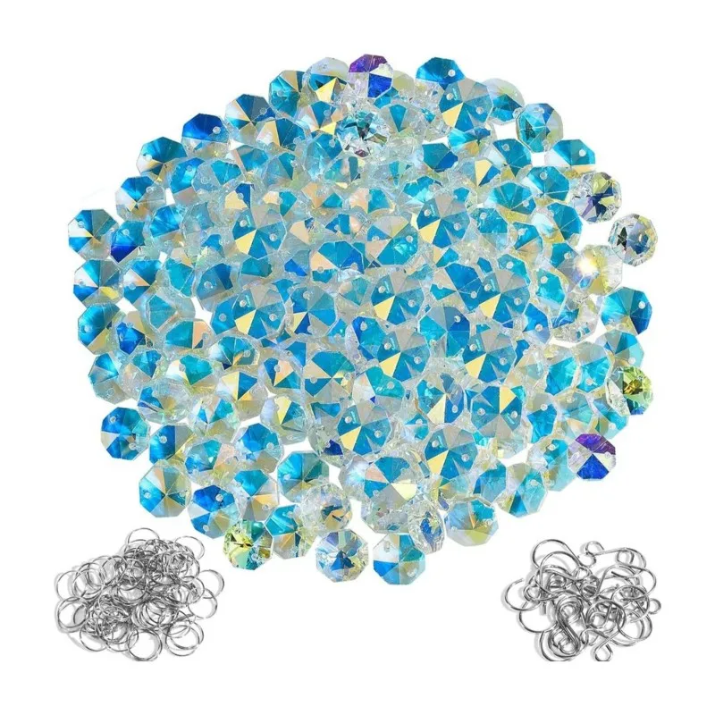 [NEW!AA73】 Crystal Octagonal Beads(150Pcs) With Rings& S Hooks- For DIY For Curtain, Chandelier, Suncatcher& Wedding Decor Proje