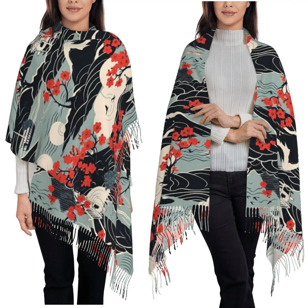 

Japanese Kimono Pattern Scarf Tassel Scarves Women Soft Warm Shawls and Wraps Long Fall Winter Shawl Wrap