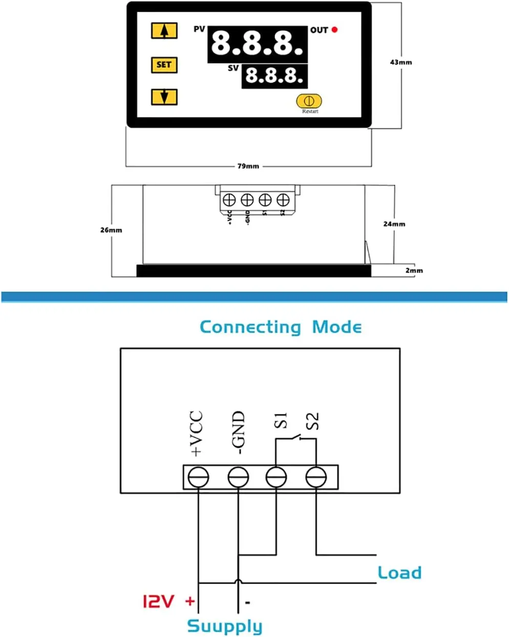 W3230 DC12V/24V Linha de sonda Controle de temperatura digital Termostato com display LED com instrumento de controle de calor/resfriamento