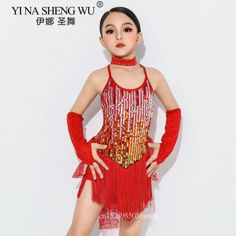 

Детский костюм для латиноамериканских танцев для девочек: блестящий, с бахромой, для соревнований и выступлений, топ с завязками на спине и юбка, для занятий сальсой