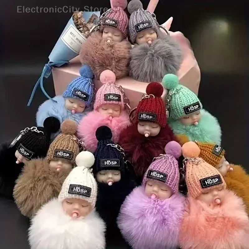 

1PC Cute Fluffy Plush Doll Keyring Sleeping Baby Keychain Women Girl Bags Pendant Cars Key Ring Gift Charming Decoration