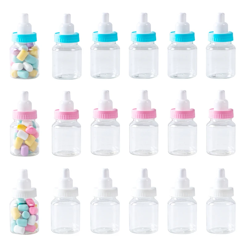 12szt Butelka dla niemowląt Mini Niebieski Różowy Biały Plastikowe Pudełka na Cukierki Baby Shower Ulubione Prezenty Chłopcy Dziewczynki Płeć Ujawnienie Dekoracje Imprezowe