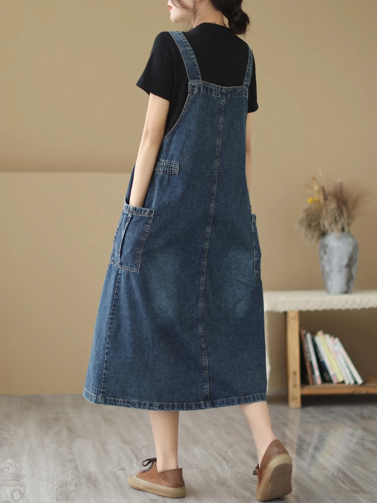 Retro Blue Denim ter Dr Women's Summer Dstring Waist Cinching Slimming Strap Dr Ele Lady Sle A-Line Midi Dr