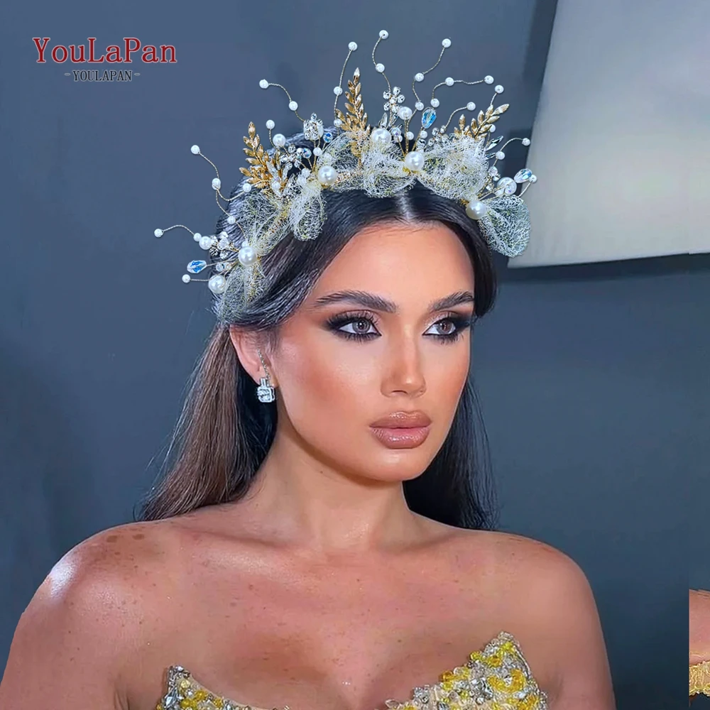 

YouLaPan Bridal Alloy Leaf Gold Color Crowns Wedding Bride Headband Handmade Pearl Crowns For Women Pageant Prom Headpiece HP943