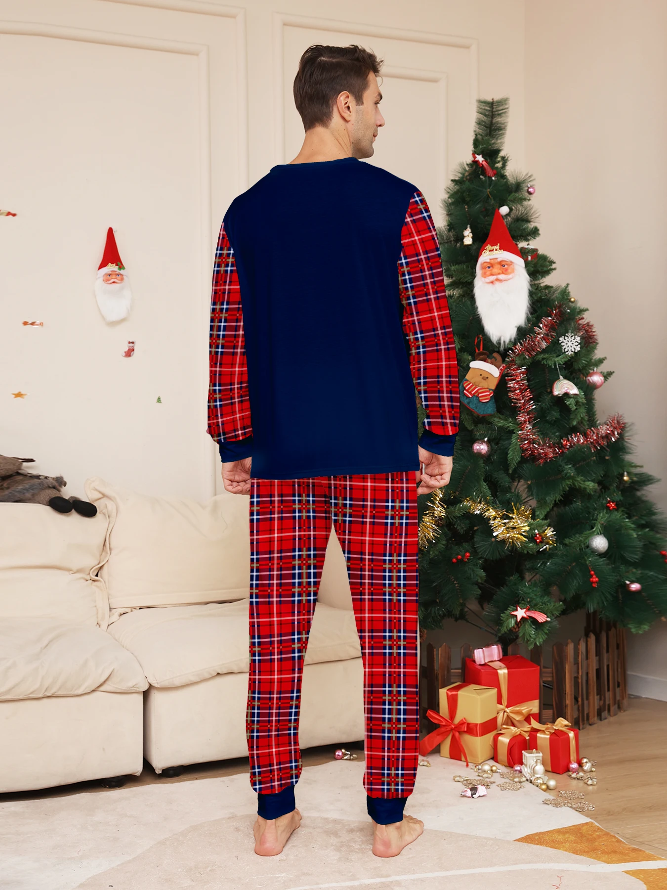 Christmas Couple Sleepwear Set - Long Sleeve Navy Santa Hat Reindeer "Merry Christmas" Print & Red Plaid Pants Pajamas