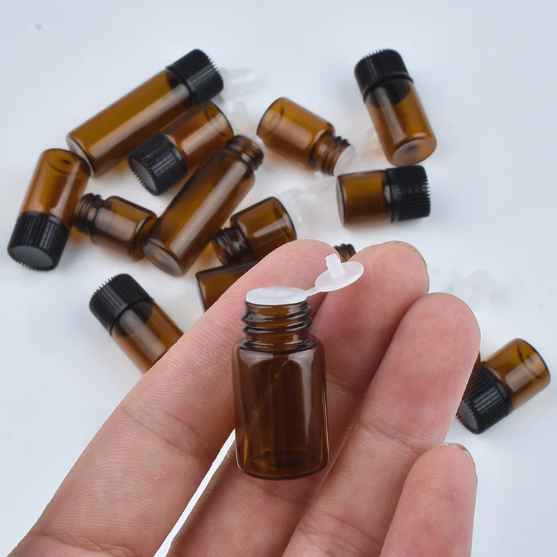 100pcs 1ml 2ml 3ml 5ml Amber of Glass Essential Oil Bottle, Mini Essential Oil Bottles with Orifice Reducer & Black Plastic Cap