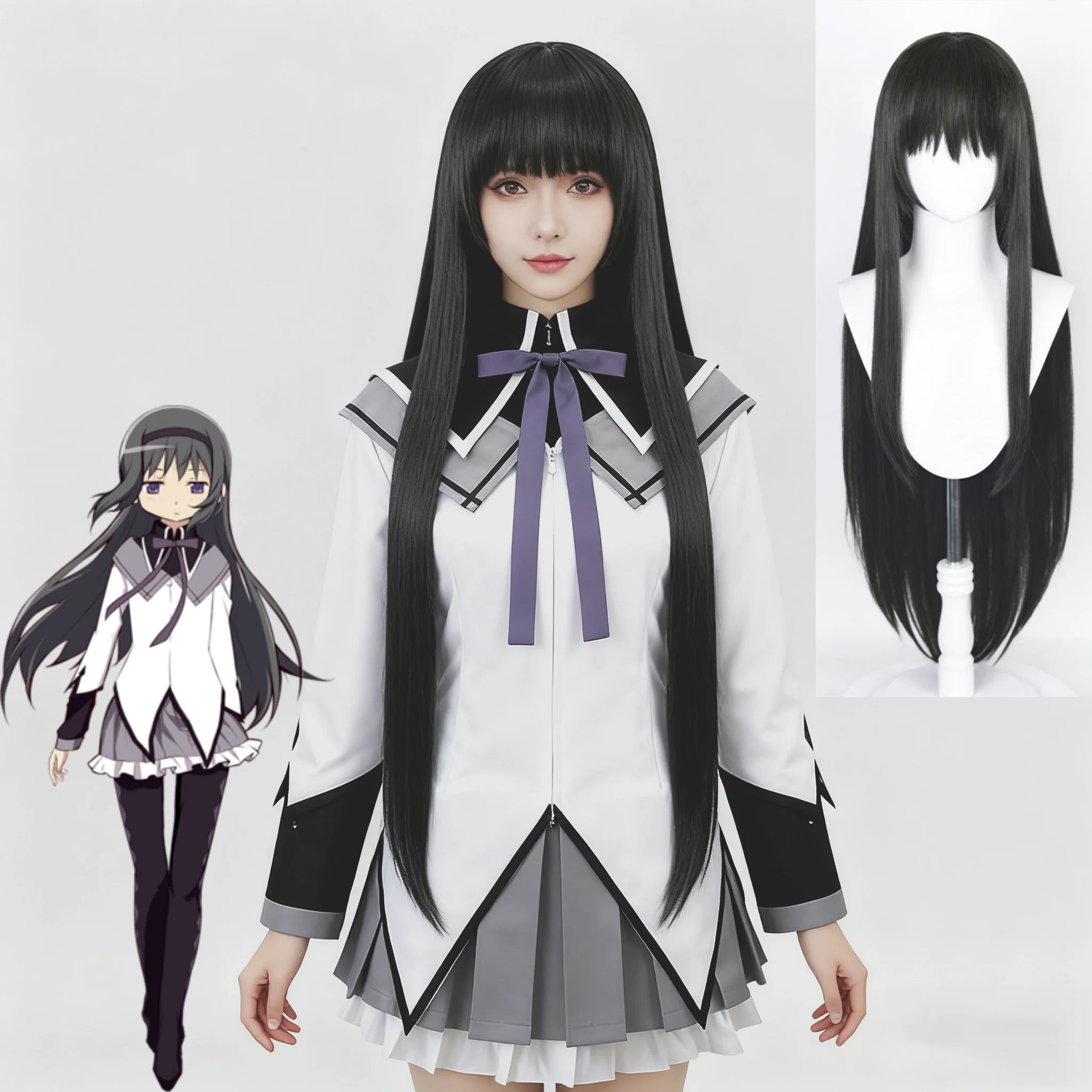 마법소녀 마도카☆마기카 호무라 아케미 카나메 마도카 코스프레 의상 가발 핑크 볼 드레스와 화이트 JK 유니폼 파티 세트