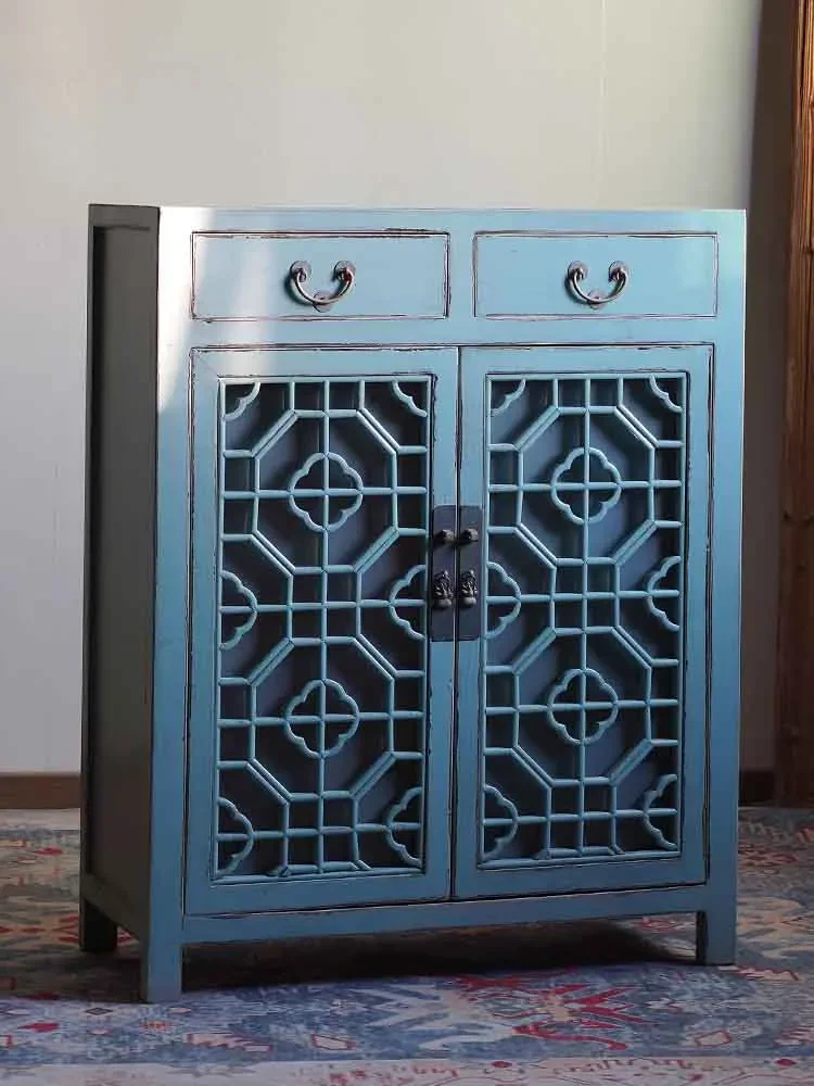 Modern Chinese antique solid wood flower window grid entrance elm storage foyer cabinet